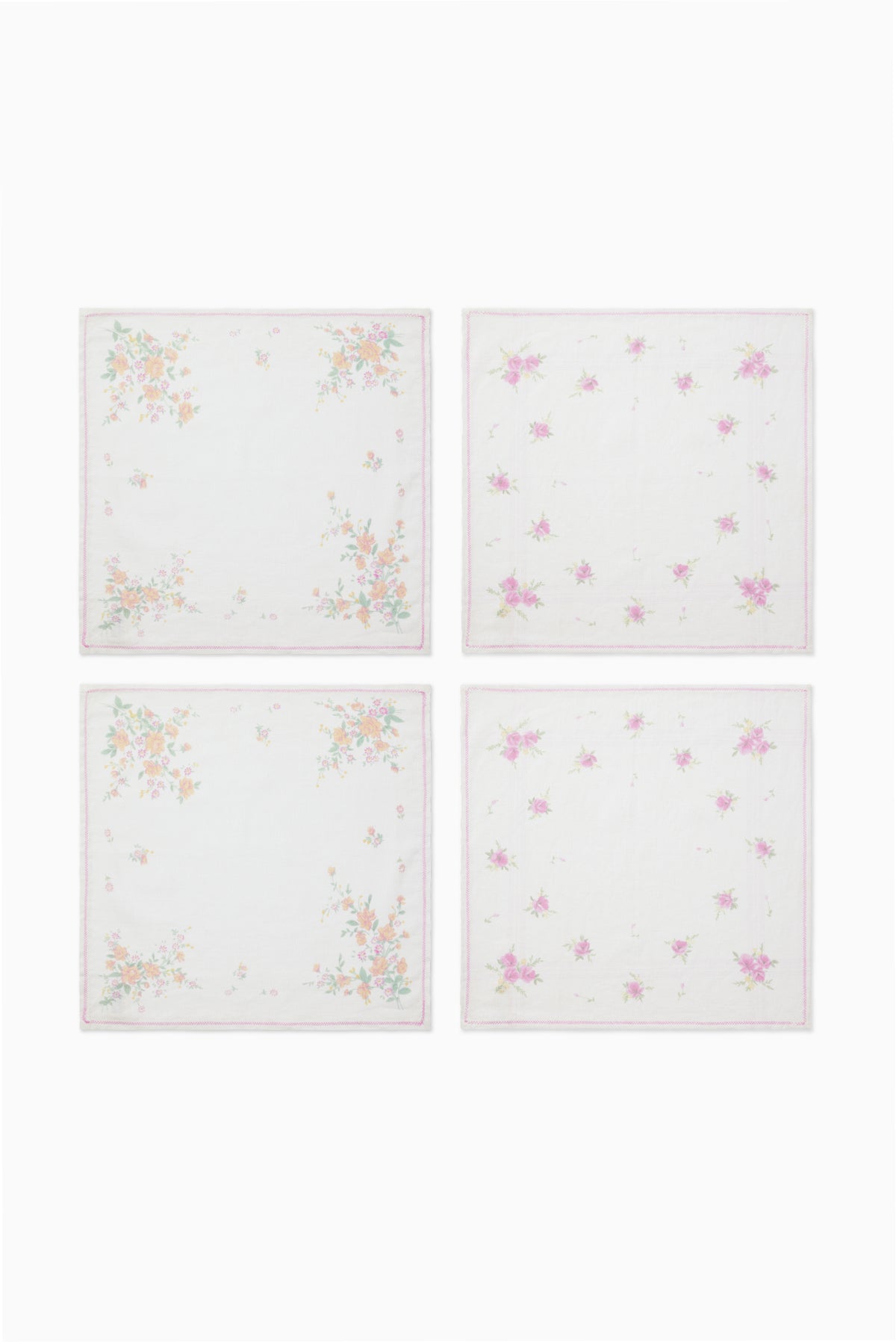 Set of 4 floral hanky napkins, white with pastel flower print squares and pink borders
