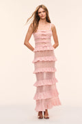 Pink knit tier ruffle dress with spaghetti straps and lace trim, sleeveless