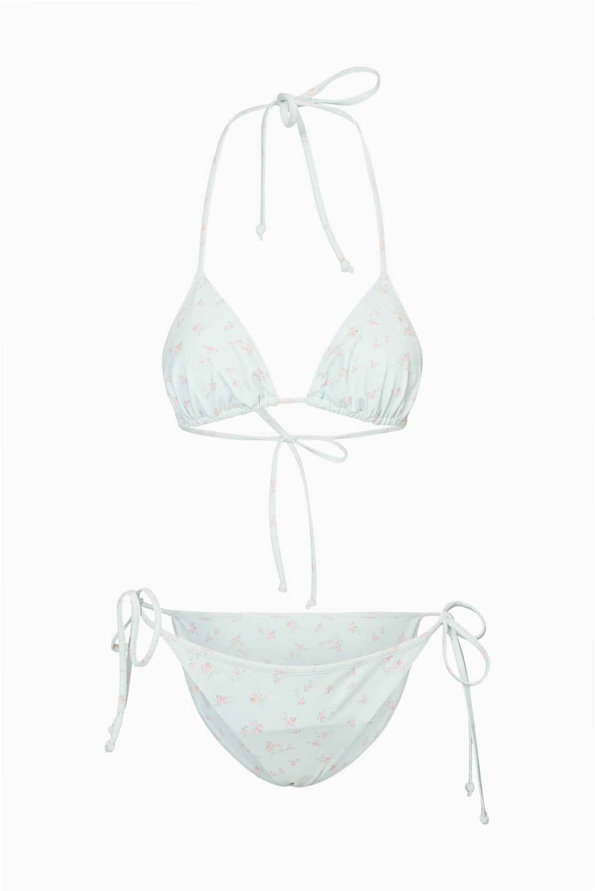 Ditsy floral bikini set with triangle halter top and side-tie bottoms, light blue