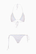Denim sky striped triangle bikini set with tie-back halter top and tie-side bottoms