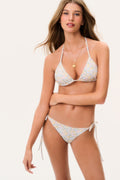 Triangle string bikini top and matching side-tie bottom in light blue floral print