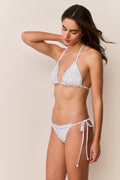 Denim sky striped triangle bikini with tie halter straps and tie-side bikini bottoms