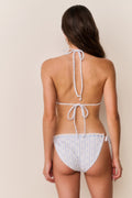 Denim sky striped bikini with crisscross tie straps on back and tie-side bikini bottoms