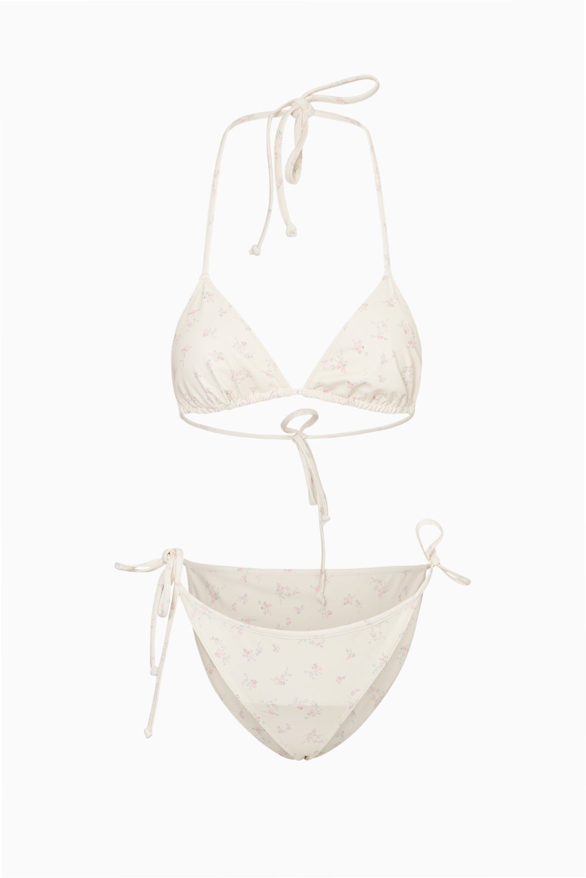 Light blue ditsy floral bikini set with triangle halter top and side-tie bikini bottoms