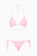 Pink lattice string bikini set with triangle halter top and tied hip bottoms