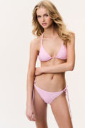 Pink ditsy floral bikini set with triangle top and tie-side bikini bottoms