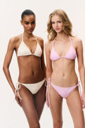 Two-piece bikini set, pink and white triangle tops with tie-side bottoms
