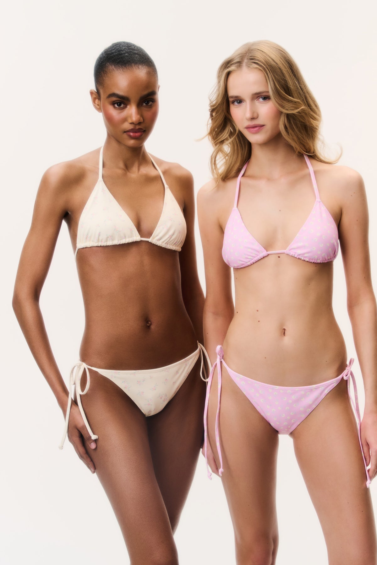 Two-piece bikini set, pink and white triangle tops with tie-side bottoms