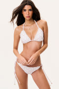 Cherry stripe triangle bikini top with tie straps, white with red/pink print