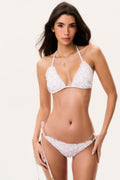 Cherry stripe bikini with triangle top and tie side bottoms, white with red/pink print