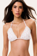 Cherry stripe triangle bikini top with tie straps, white with red/pink sprinkle print