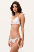 Cherry stripe bikini with triangle top and side-tie bottoms, white with red/pink print