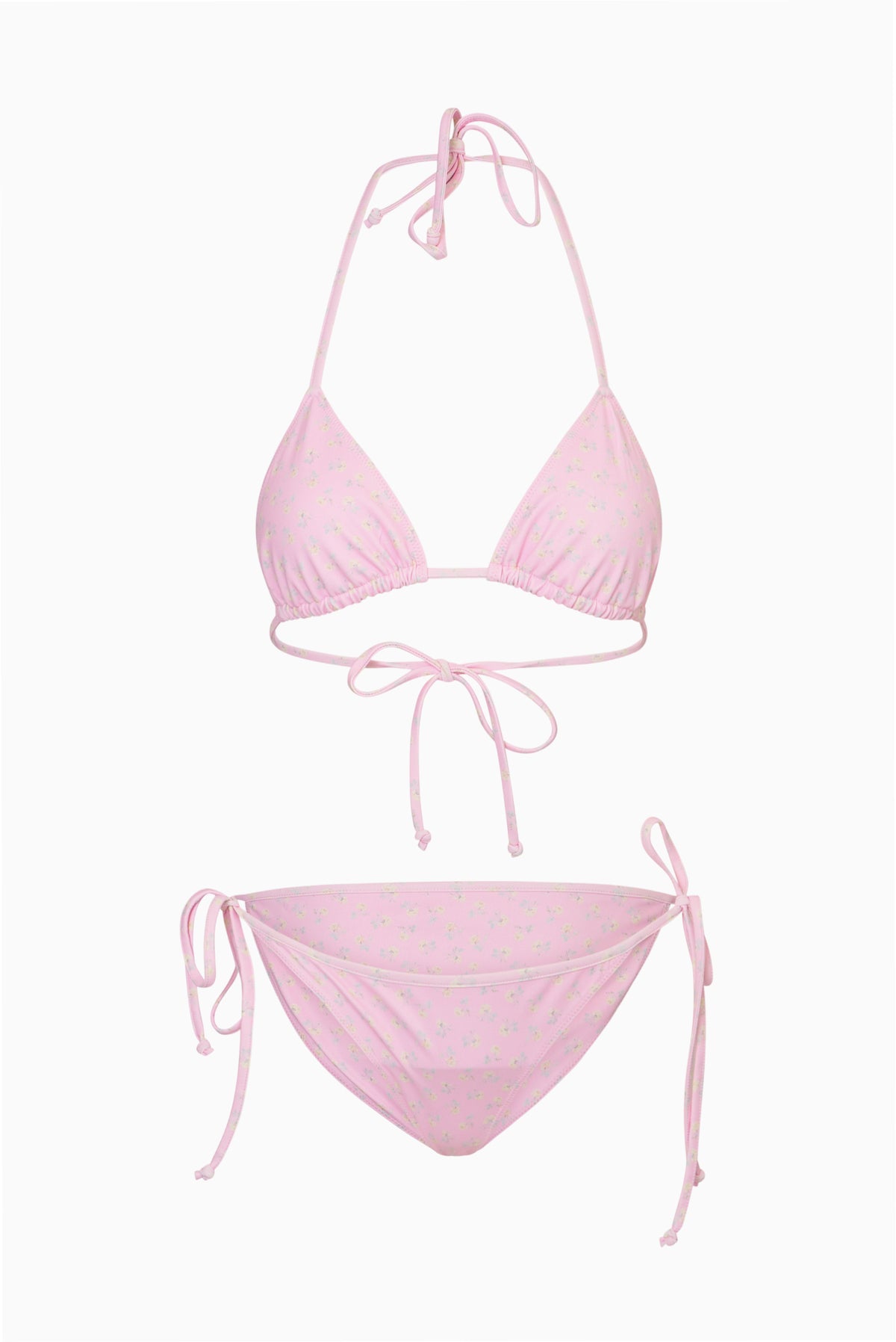 Ditsy floral bikini set in pink with triangle top and tie-side bottom