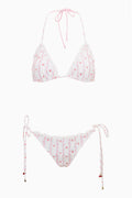 Cherry stripe triangle bikini set: top and tie side bottoms, white with red/pink print