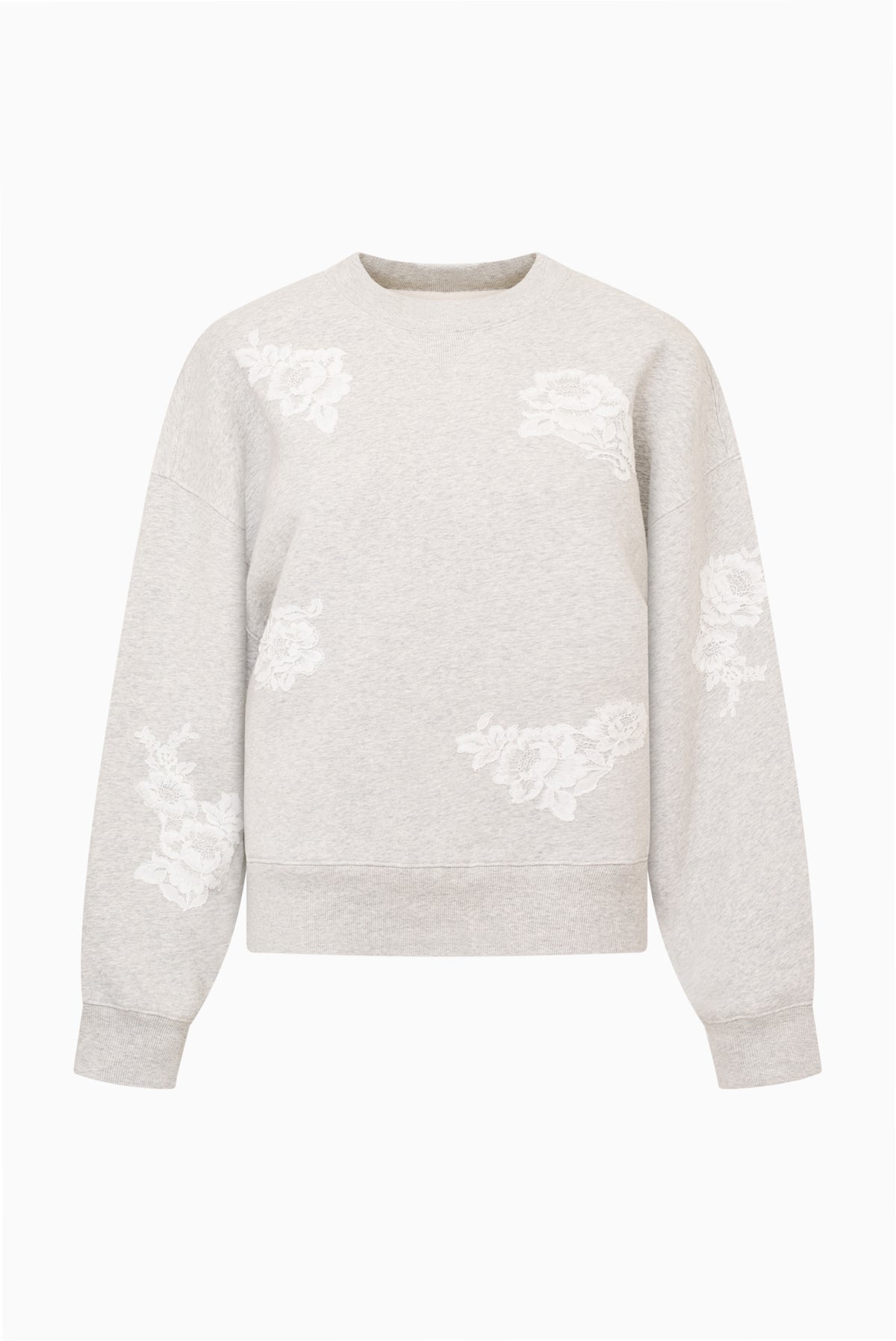Lace-applique fleece sweatshirt, light gray heather, crew neck, long sleeves
