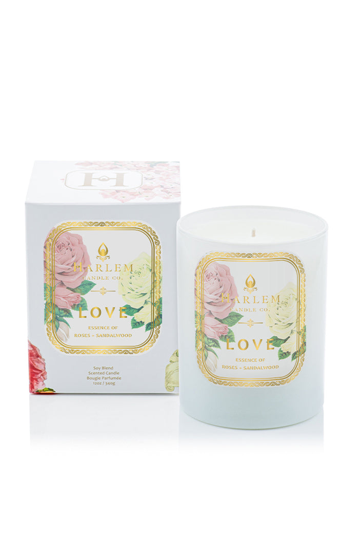White candle in cylinder with matching gift box, floral Love label