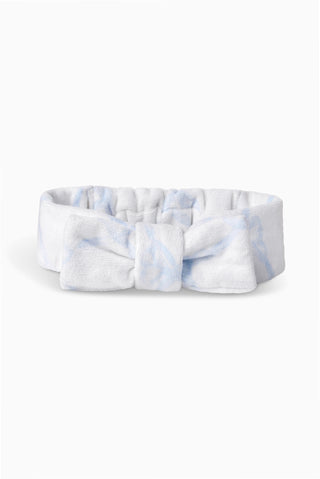 Wash headband with bow, light blue and white tie-dye fabric