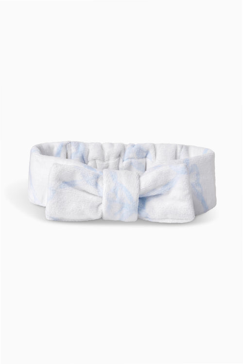 Wash headband with bow, light blue and white tie-dye fabric