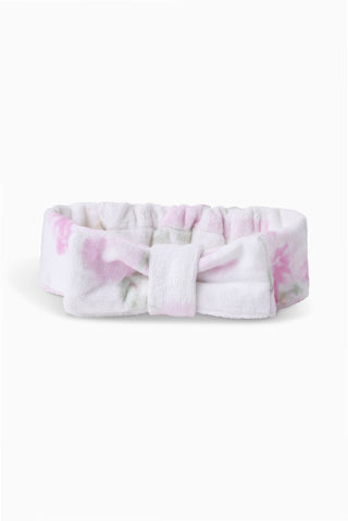 Wash headband with bow, white fabric with pink tie-dye accents