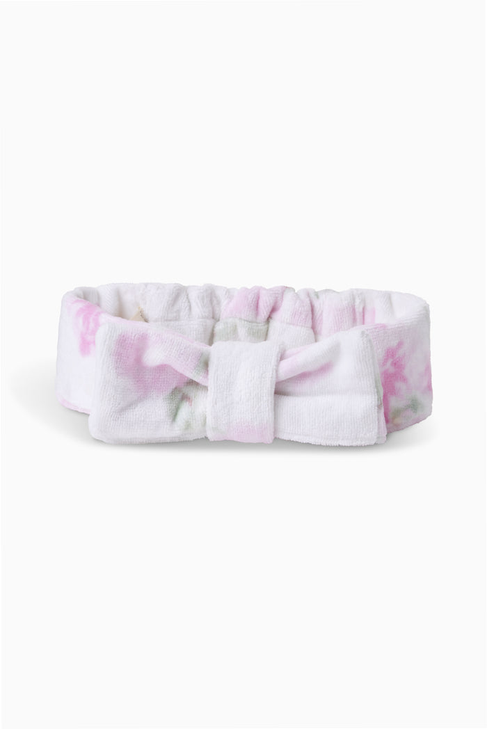 Wash headband with bow, white fabric with pink tie-dye accents