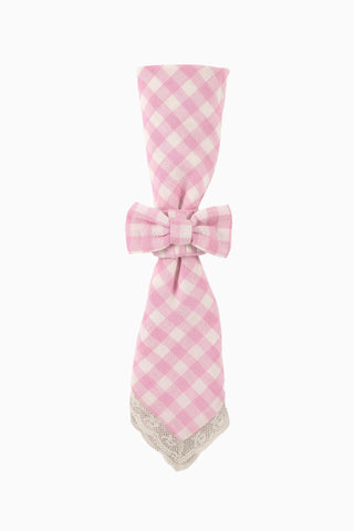 Pink gingham fabric napkin ring with tied bow and scalloped trim