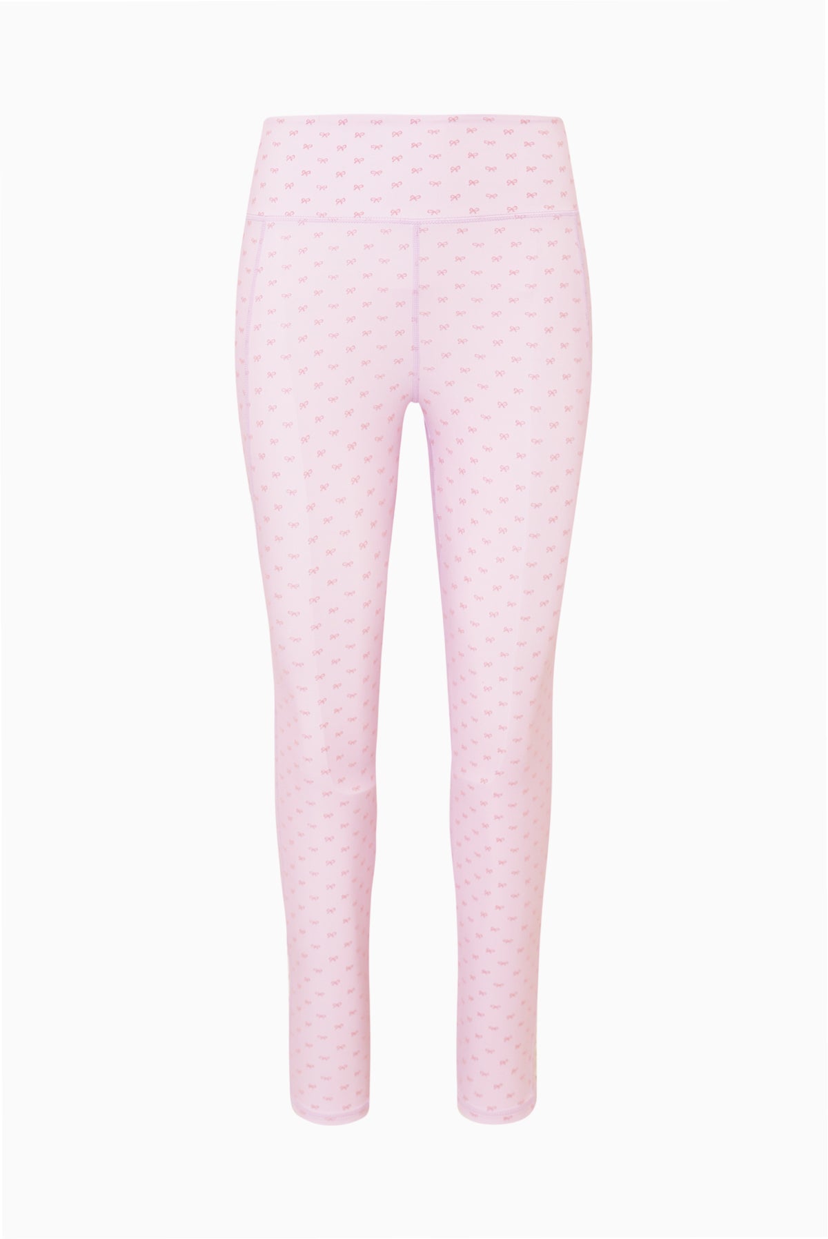 Mauve patterned leggings pants, front view with elastic waistband