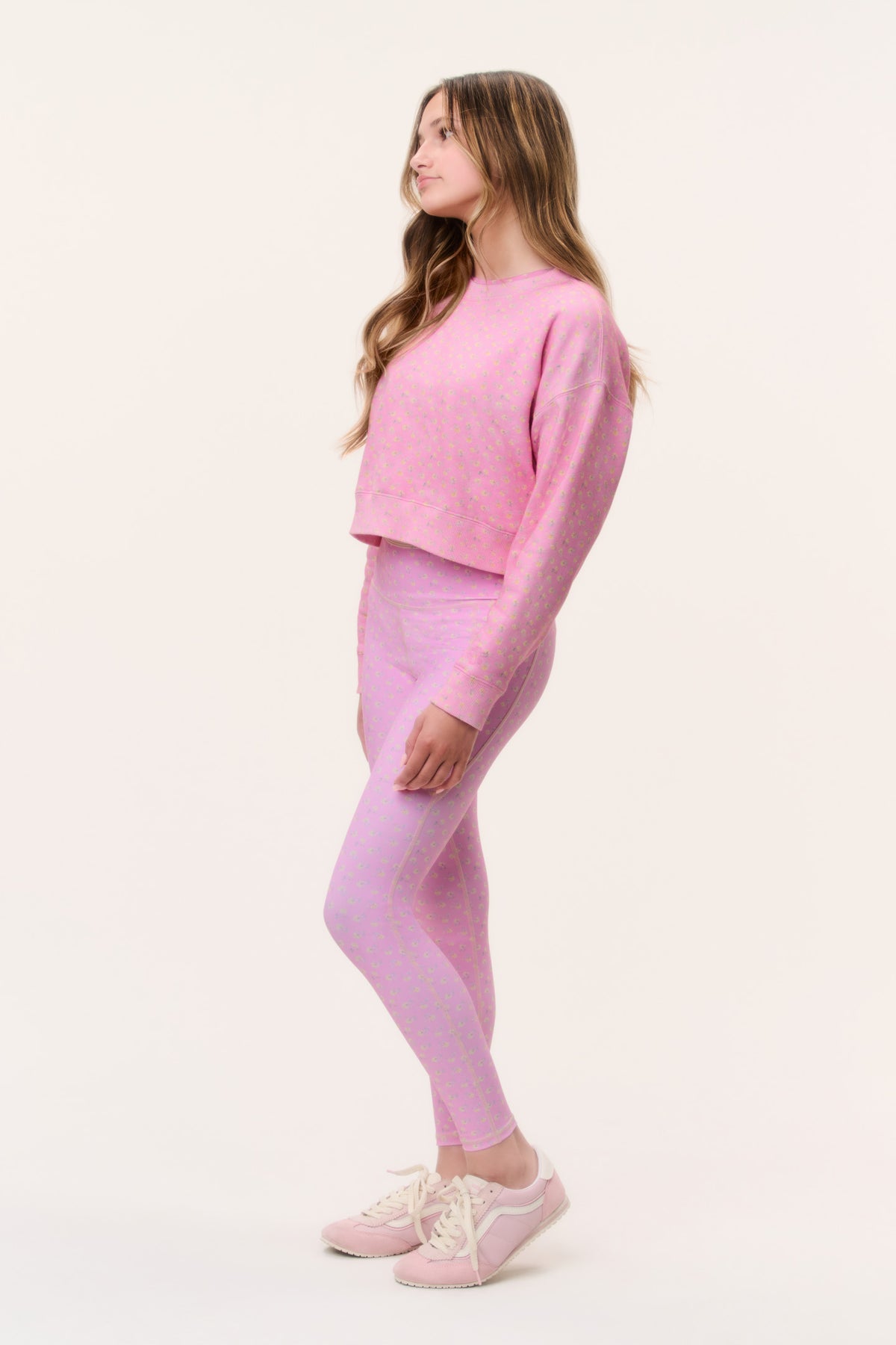 Tween girls' pink ditsy floral pullover and leggings, side view