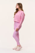 Girls' pink ditsy floral highland leggings, side view full length