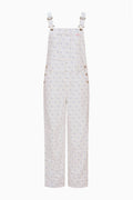 Women’s ecru overall with blue micro-print, bib front and adjustable shoulder straps