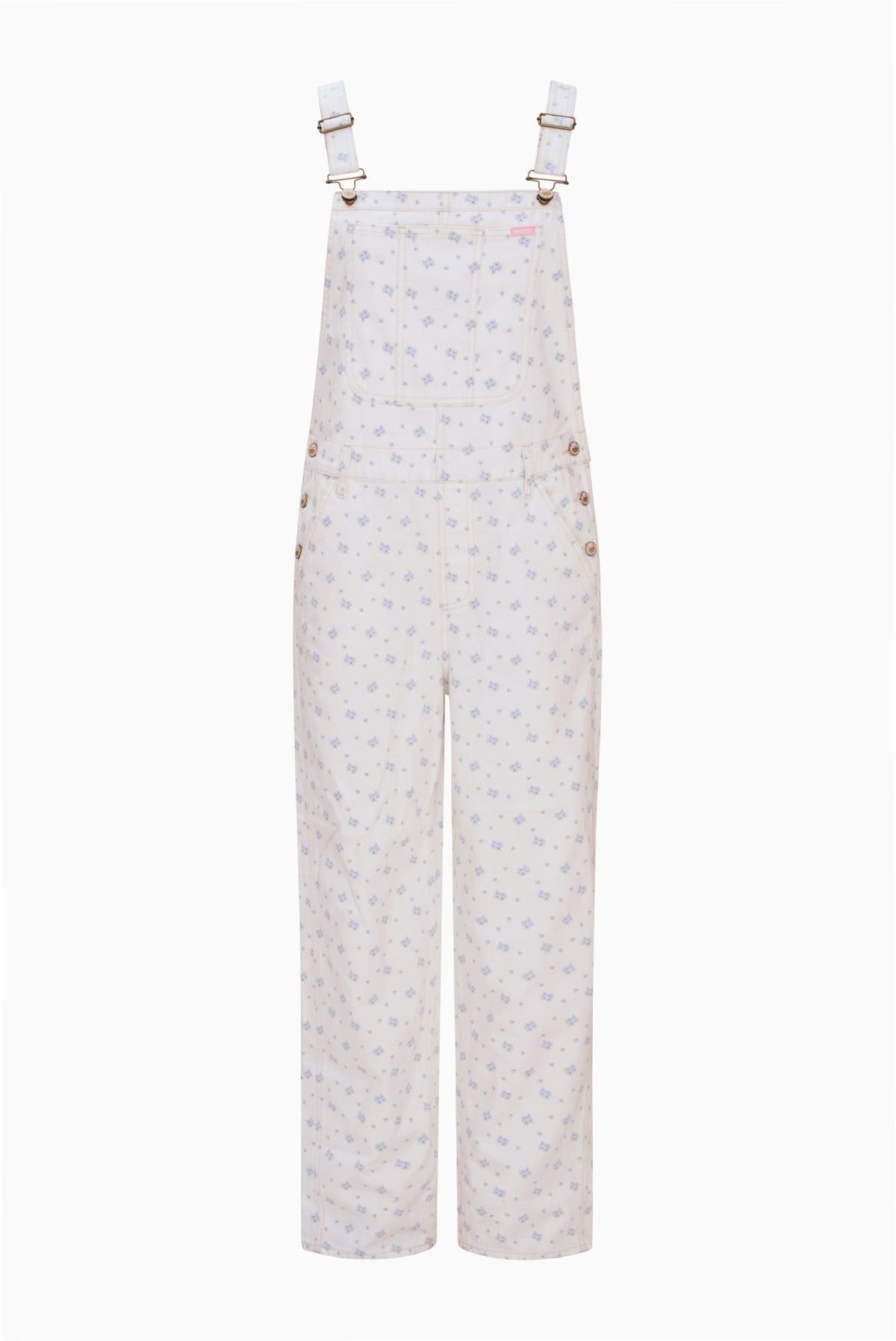 Women’s ecru overall with blue micro-print, bib front and adjustable shoulder straps