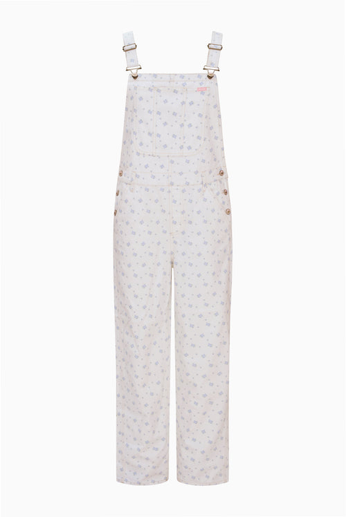 Women’s ecru overall with blue micro-print, bib front and adjustable shoulder straps