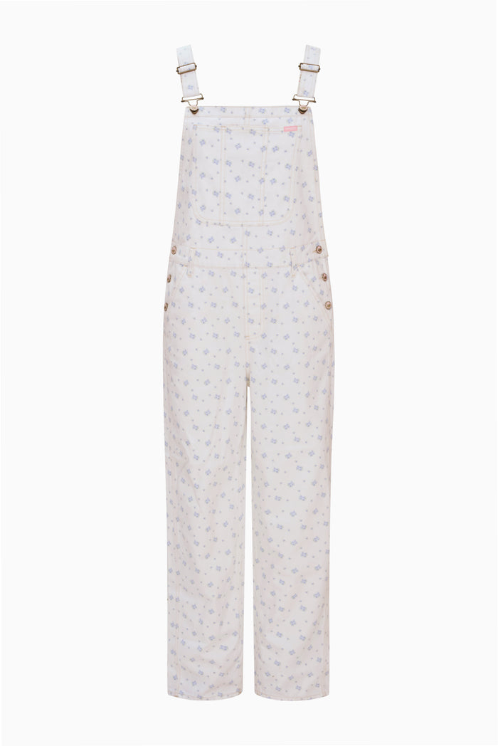 Women’s ecru overall with blue micro-print, bib front and adjustable shoulder straps