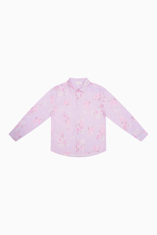 Unisex pink printed button-up shirt with long sleeves and collar