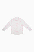 Unisex white printed button-up shirt with long sleeves and collar