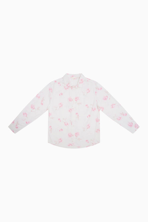 Unisex white printed button-up shirt with long sleeves and collar