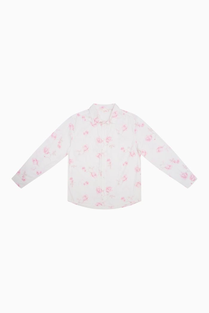 Unisex white printed button-up shirt with long sleeves and collar