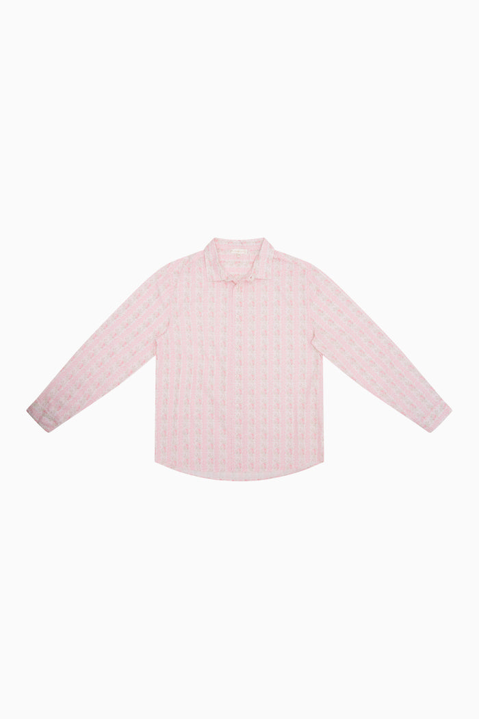 Unisex light pink printed button-up shirt with long sleeves and collar