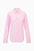 Pink pinstripe unisex button-up shirt with pointed collar and chest pocket