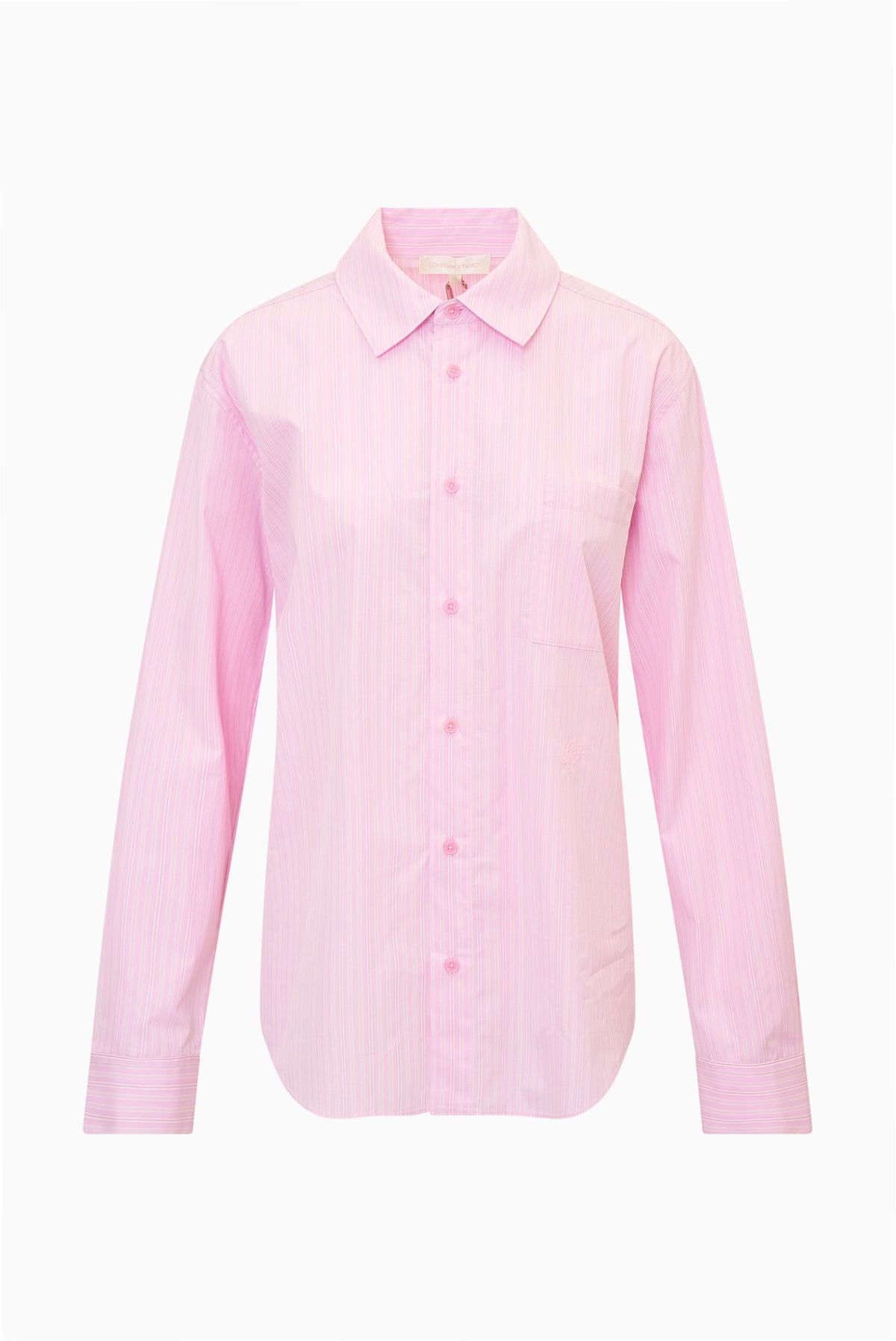 Pink pinstripe unisex button-up shirt with pointed collar and chest pocket