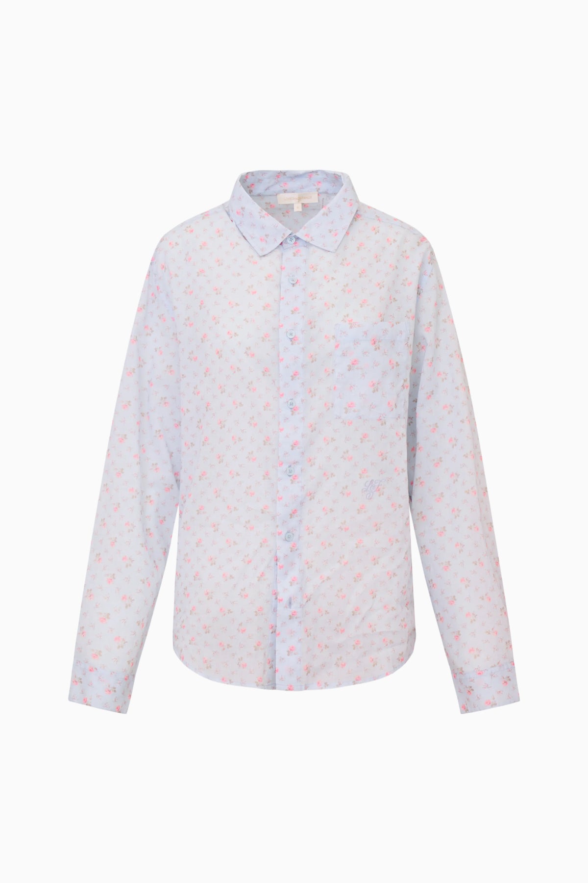 Unisex floral cotton shirt in light blue, long sleeve button-down with split sides