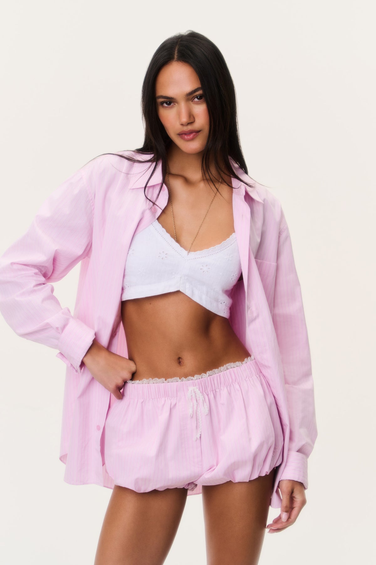 Pink pinstripe bloomer shorts, elastic waist, gathered skirt-like hem