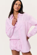 Pink pinstripe unisex button-up shirt with front buttons and long sleeves