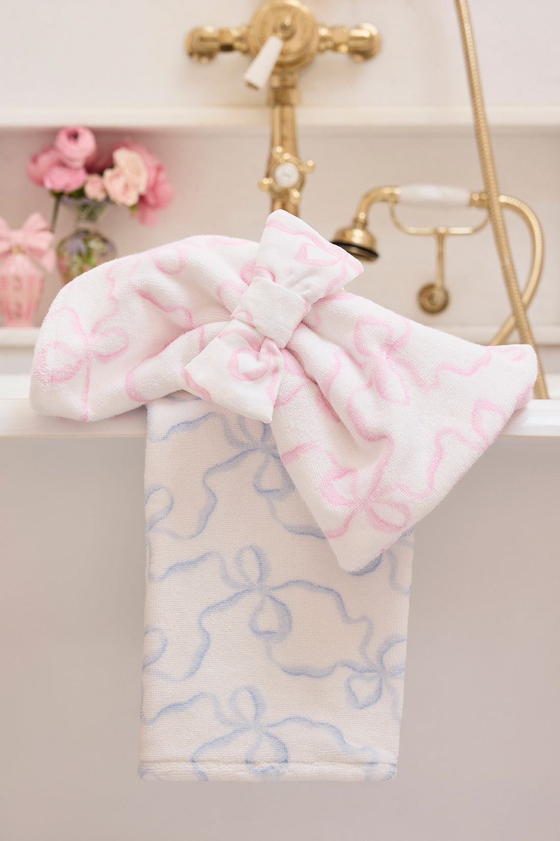 Pink-and-white bow face wash headband with bow knot, elastic back