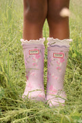 Kids rain boots, light pink floral pattern, ruffled cuffs with HUNTER logo