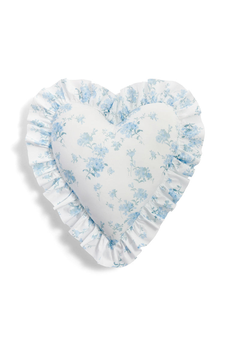 Heart-shaped ruffle pillow in light blue with floral-and-leaf print