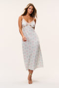 Floral satin midi dress with lace-trim V neckline and spaghetti straps, light blue