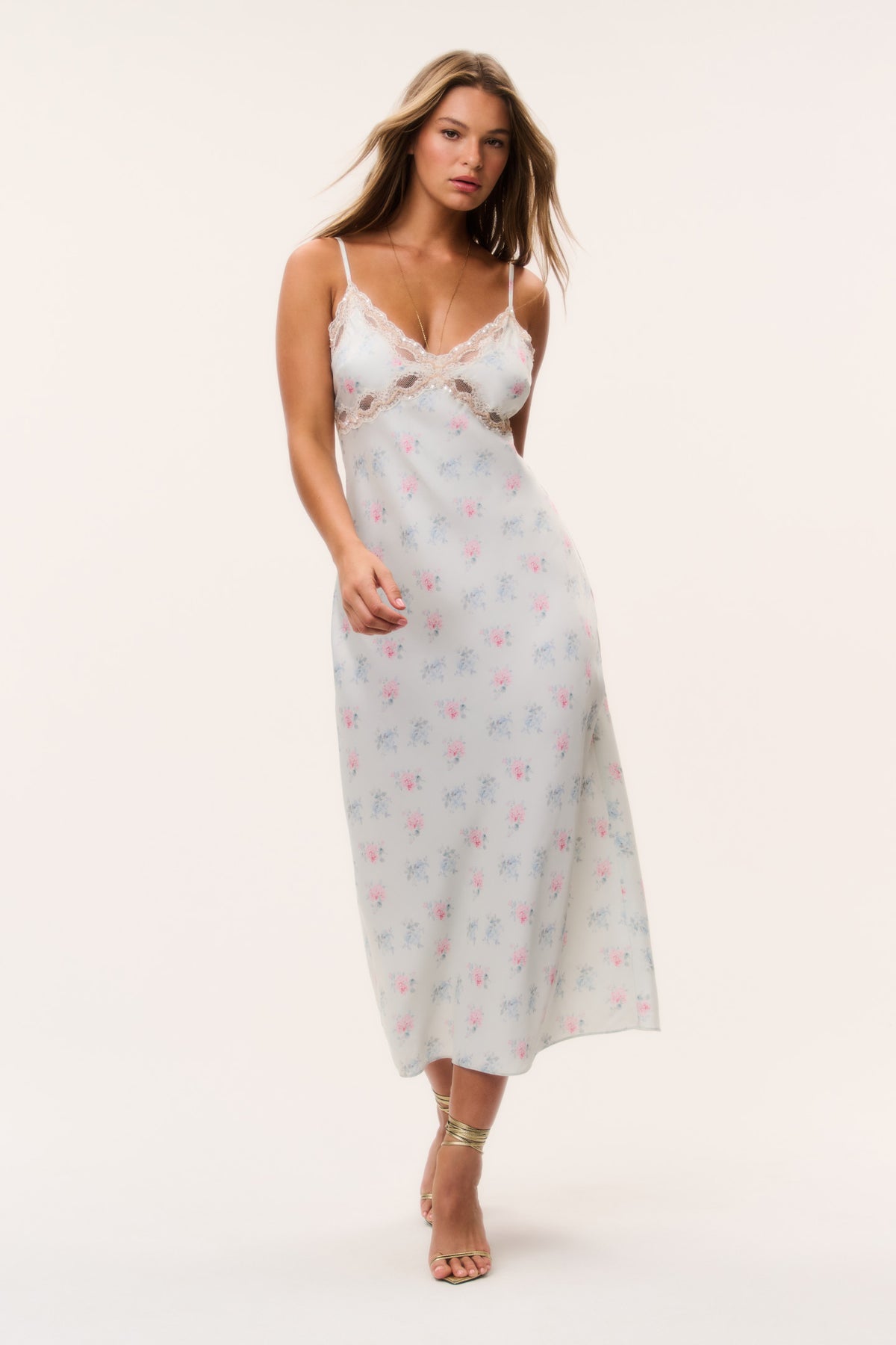 Floral satin midi dress with lace-trim V neckline and spaghetti straps, light blue