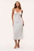 Floral satin midi dress with lace trim, fitted bodice, spaghetti straps, light blue print