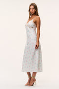 Floral satin midi dress with spaghetti straps and lace neckline, light blue floral print