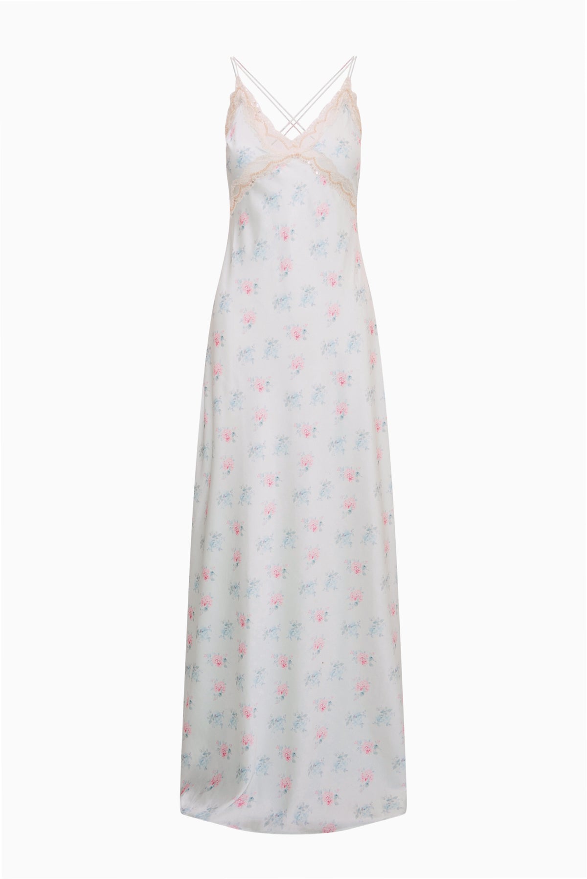 Floral satin midi dress front view with lace spaghetti straps, light blue floral print